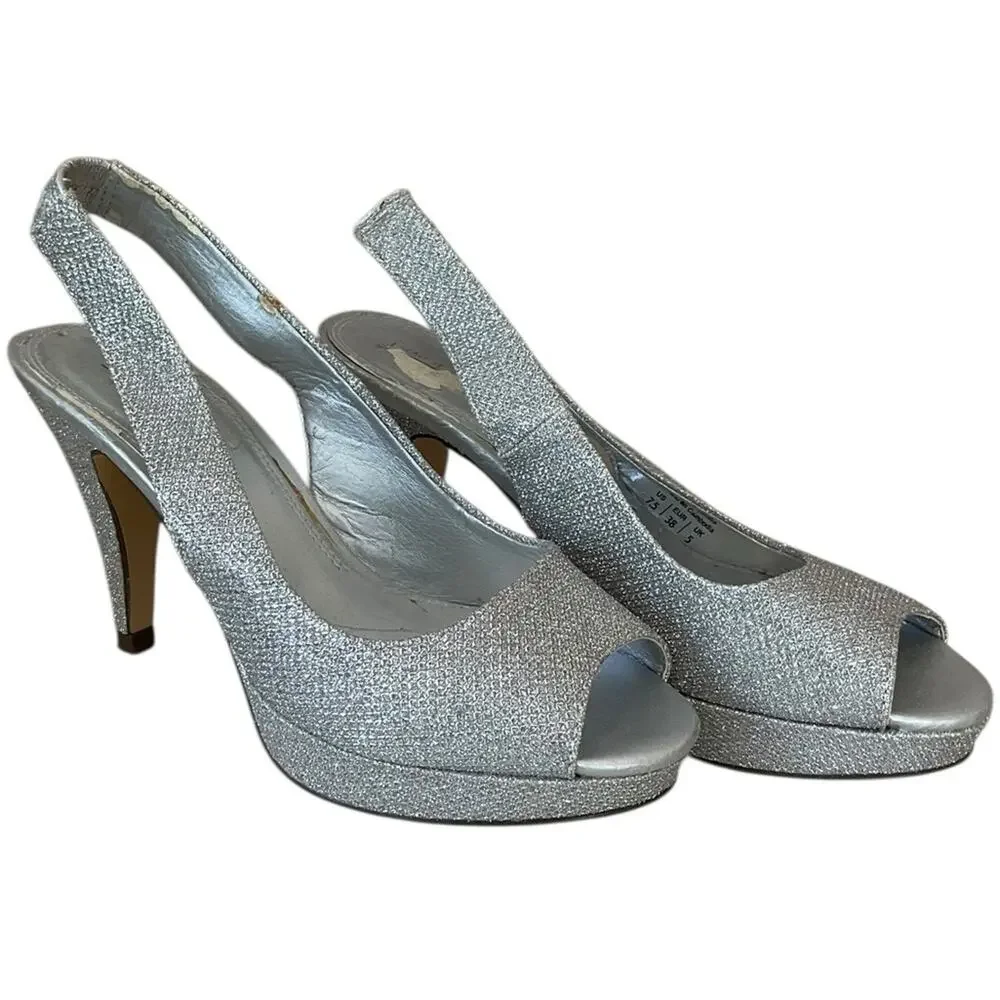 Call it Spring Women's Heels Silver Glitter Formal Peep-Toe Slingback Size 7.5
